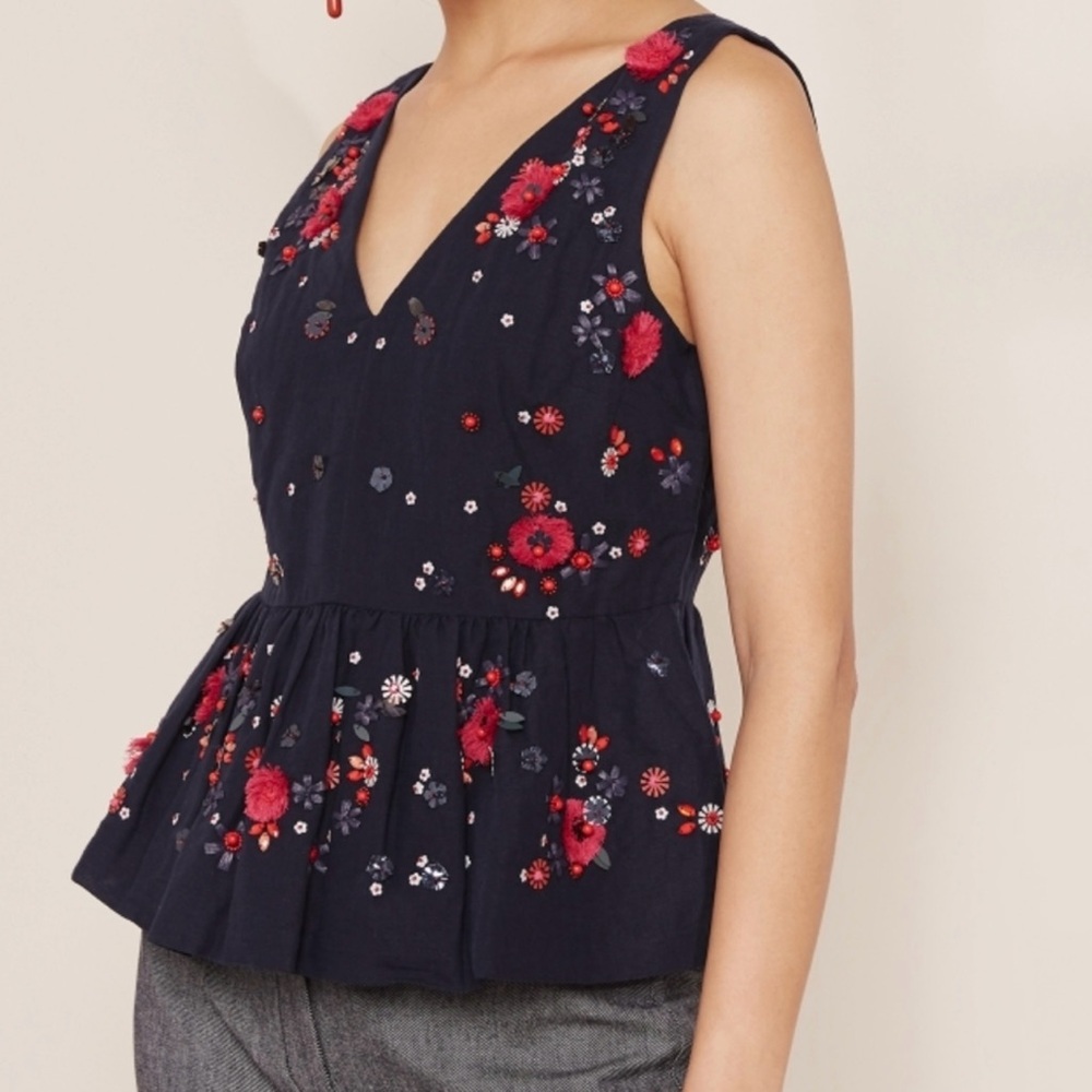 NWT J. Crew Navy Blue Hand Embellished Linen/ Cotton Peplum Tank Size 4 - Picture 7 of 13